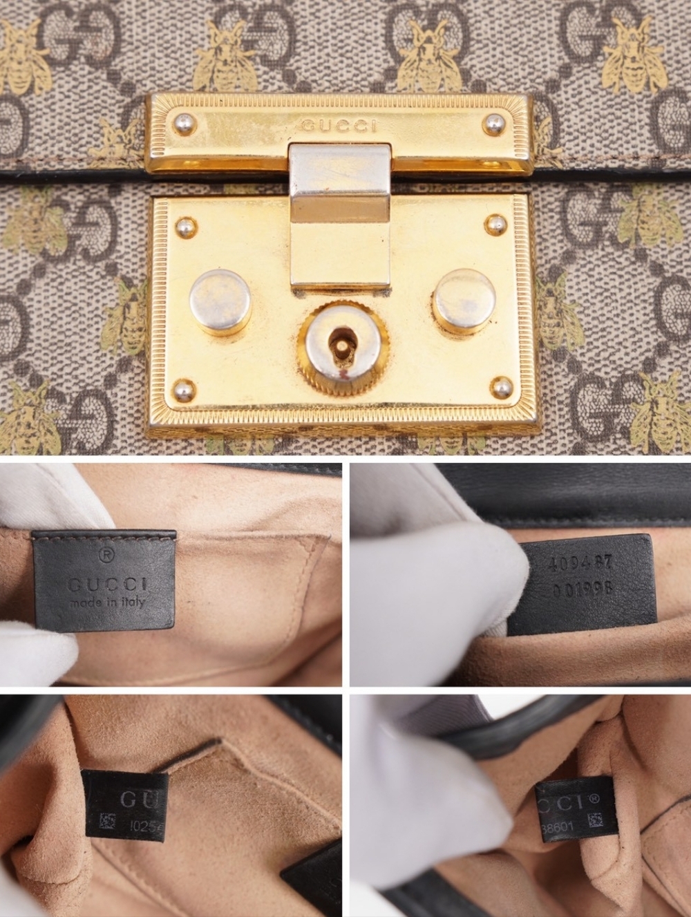 CG70 💗 GUCCI Bee Padlock Shoulder Bag GG Coated Canvas and Leather - Picture 8 of 12
